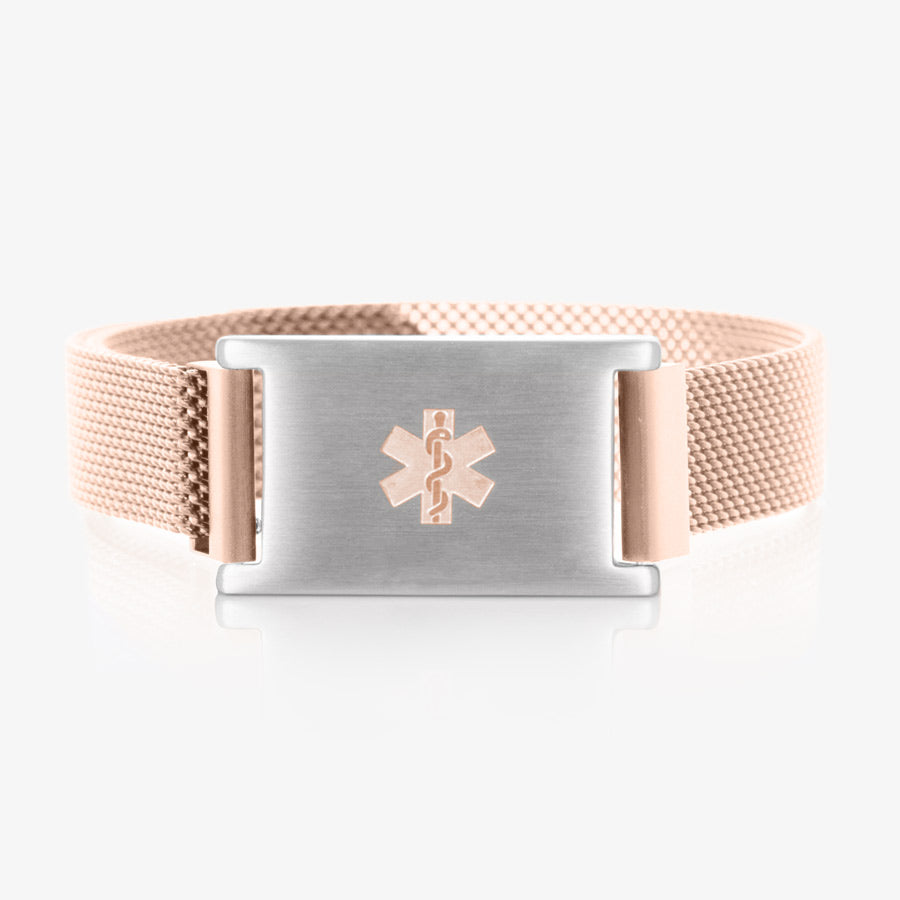 Rose gold tone stainless steel mesh band with stainless steel medical ID tag with rose gold tone medical symbol.