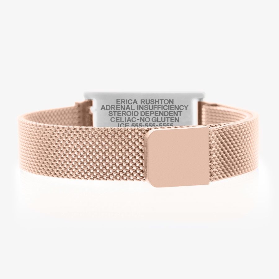 Rose gold mesh band with magnetic clasp on medical ID bracelet with silver medical ID tag