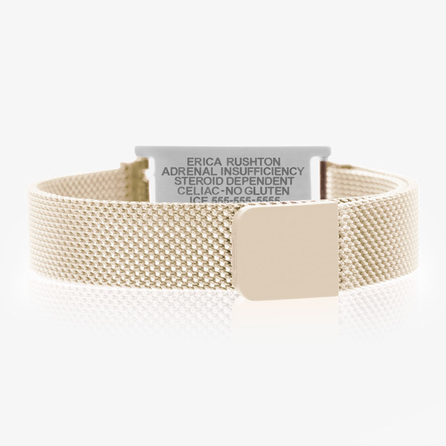 The back side of the mesh stainless steel medical alert bracelet showing premium laser engraving medical alert tag and magnetic clasp.