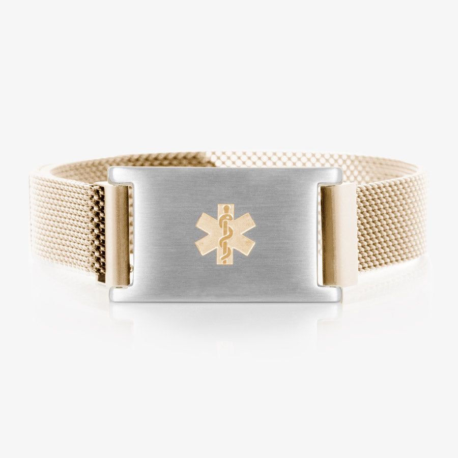 Sandstone stainless steel mesh band with affixed stainless steel with gold tone medical symbol at the center.