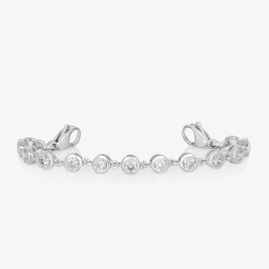 Rhodium and palladium plated women's medical alert bracelet with clear, round, bezel set cubic zirconia crystals finished with stainless steel lobster clasps at each end.