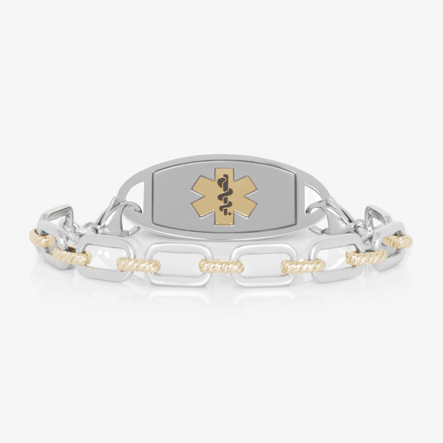 Silver tone oval link chain accented with 12k gold plated links paired with stainless steel medical alert tag with gold tone medical symbol.