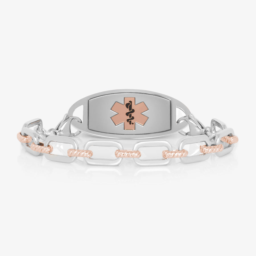 Silver tone oval linked medical ID bracelet with 14k rose gold plated accents paired with a stainless steel medical ID tag with rose gold tone medical symbol.