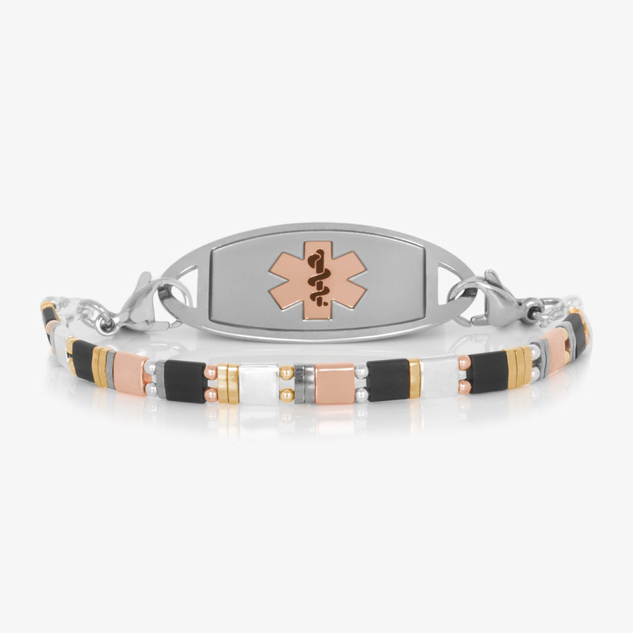 Black, silver tone, gold tone, and rose gold tone square tile beaded stretch medical alert bracelet paired with stainless steel ID tag with rose gold tone medical symbol at the center.