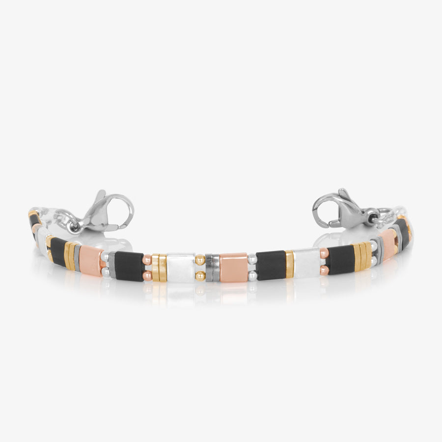 Black, silver tone, gold tone, and rose gold tone square tile beaded stretch medical alert bracelet finished with stainless steel lobster clasps at each end.