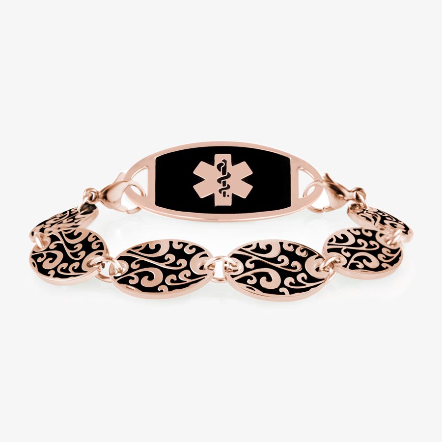 Rose Tone Decorative chain bracelet with circular patterned links and black and rose tone medical alert tag.