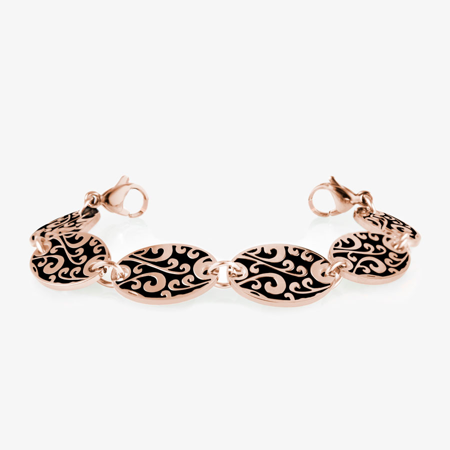 Med ID bracelet with six 3/4&quot; by 1/2&quot; links with detailed, black-filled scroll work pattern on rose tone stainless steel. 