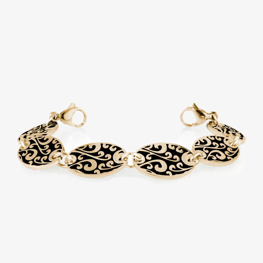 Med ID bracelet with six 3/4" by 1/2" links with detailed, black-filled scroll work pattern on gold tone stainless steel.