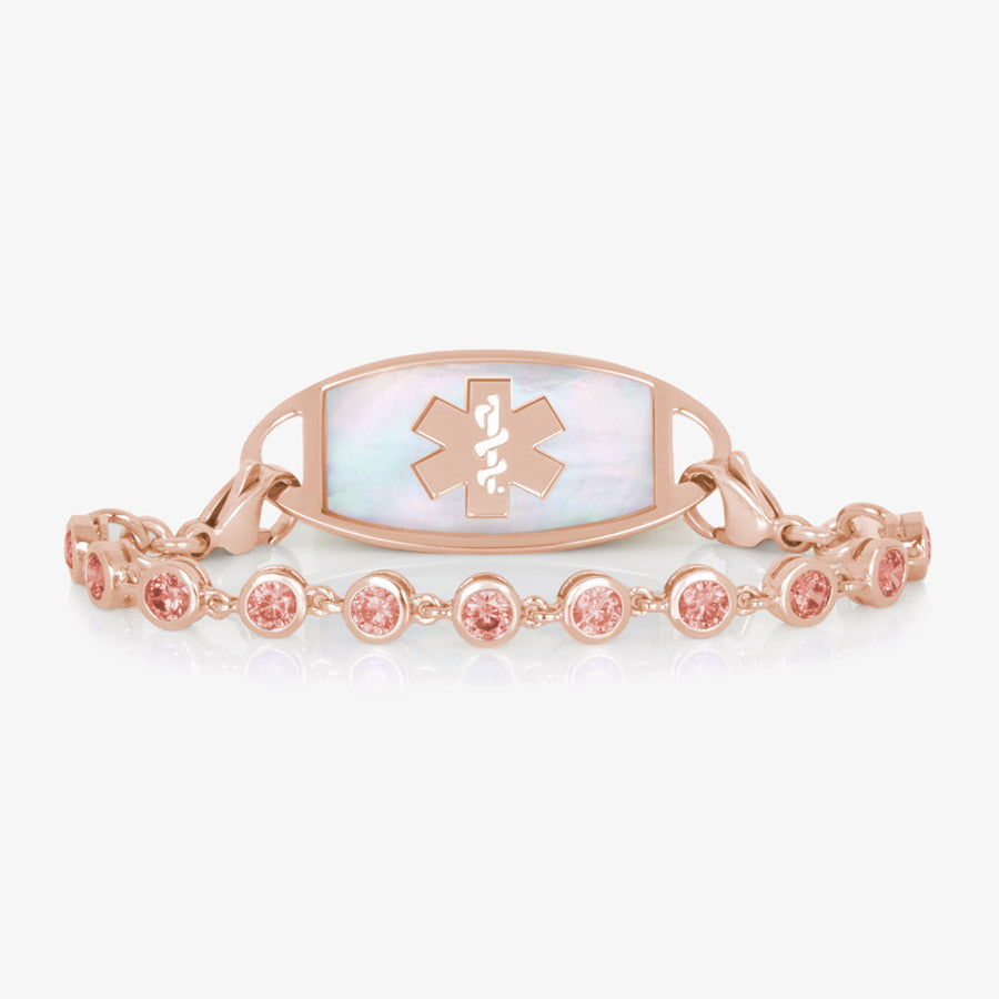 Ella Medical ID Bracelet in Rose Gold with round, bezel set, Light Rose tone Cubic Zirconia Crystals paired with a Rose Gold Medical ID Tag with Rose Gold InLay.