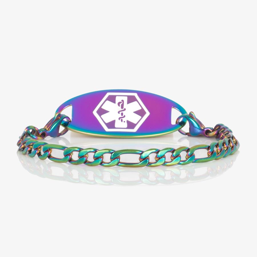 Color shift magic finish chain with small figaro pattern, attached to an oval, magic finish medical ID