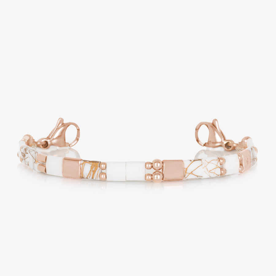 White and Rose Gold beaded stretch medical ID bracelet