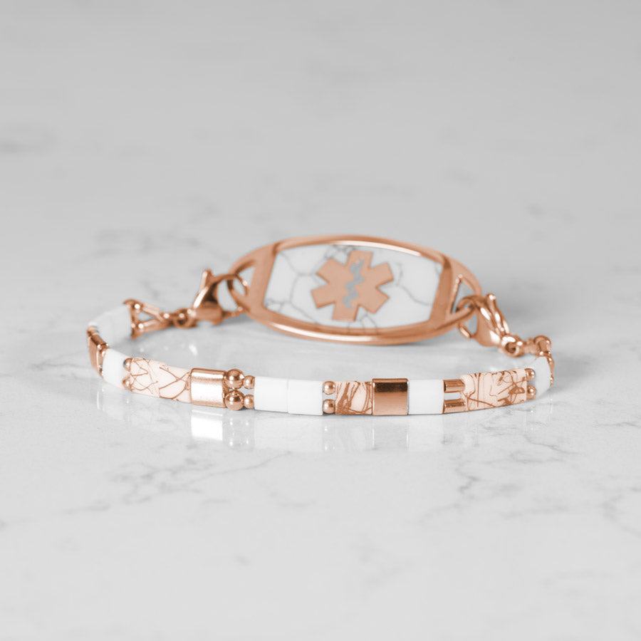 White and Rose Gold beaded stretch medical ID bracelet