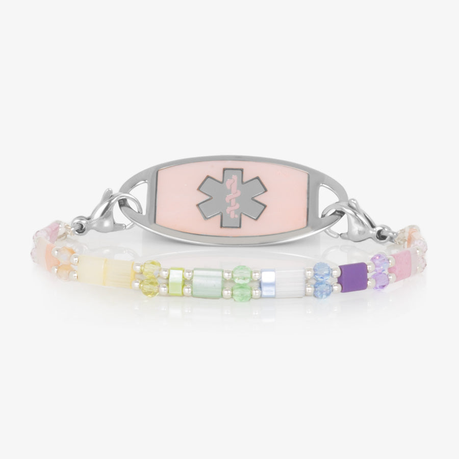 Pastel rainbow medical ID bracelet with multicolored tila beads and silver with pink mother of pearl medical ID tag