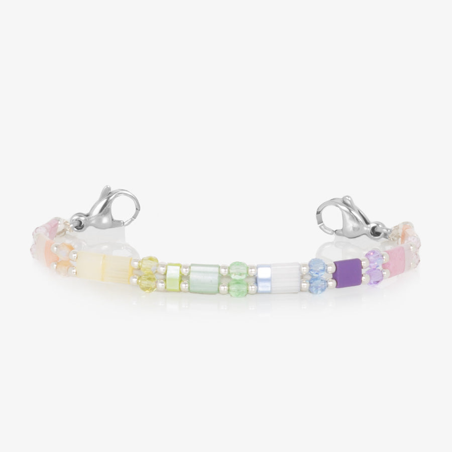 Rainbow medical ID bracelet with pink, yellow, green, and purple beads with silver accents