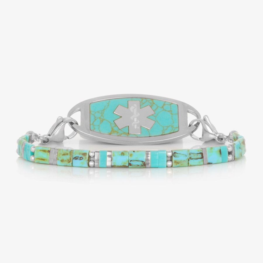 Turquoise and sterling silver beaded stretch medical alert bracelet paired with petite stainless steel ID tag with white medical caduceus symbol