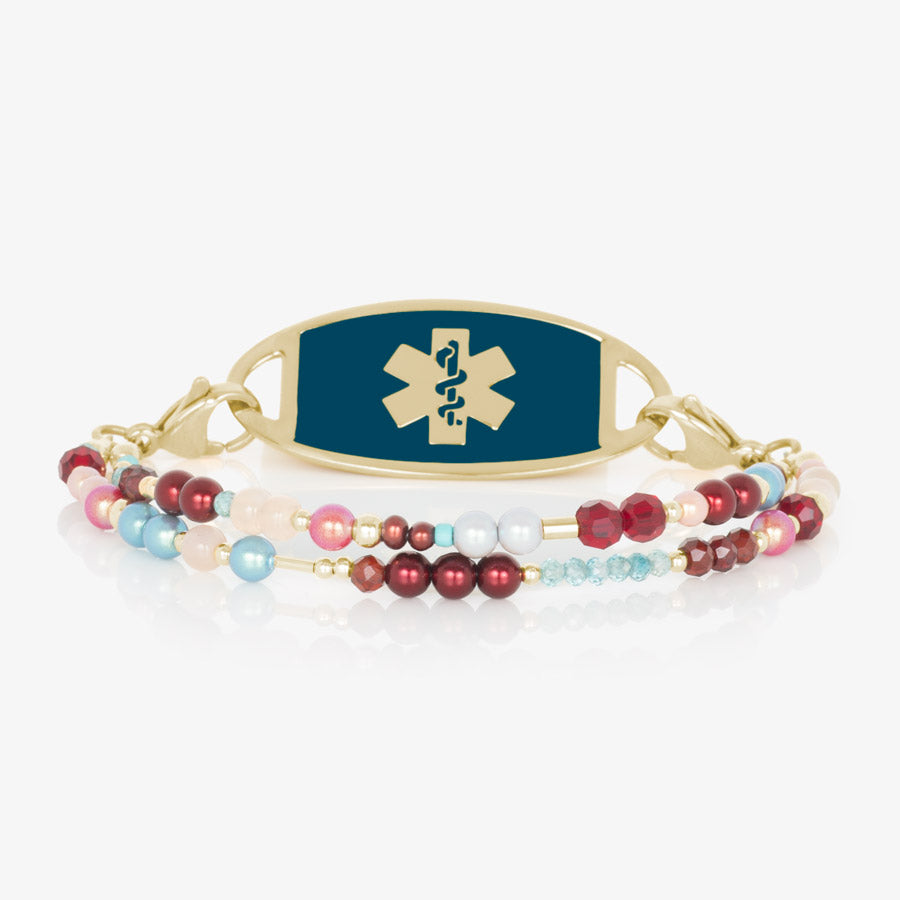 Dahlia Beaded Medical ID Bracelet with Gold and Sapphire Medical ID Tag