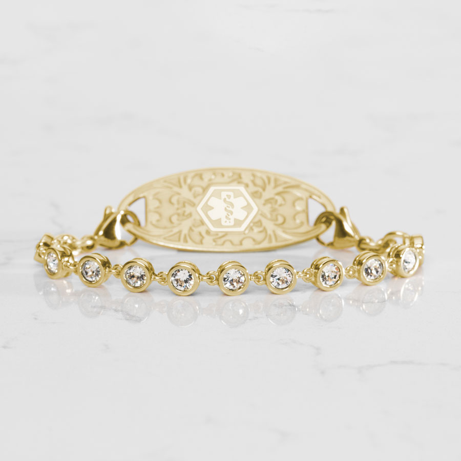  Ella Medical ID Bracelet in Gold with Cubic Zirconia Crystals on White Marble