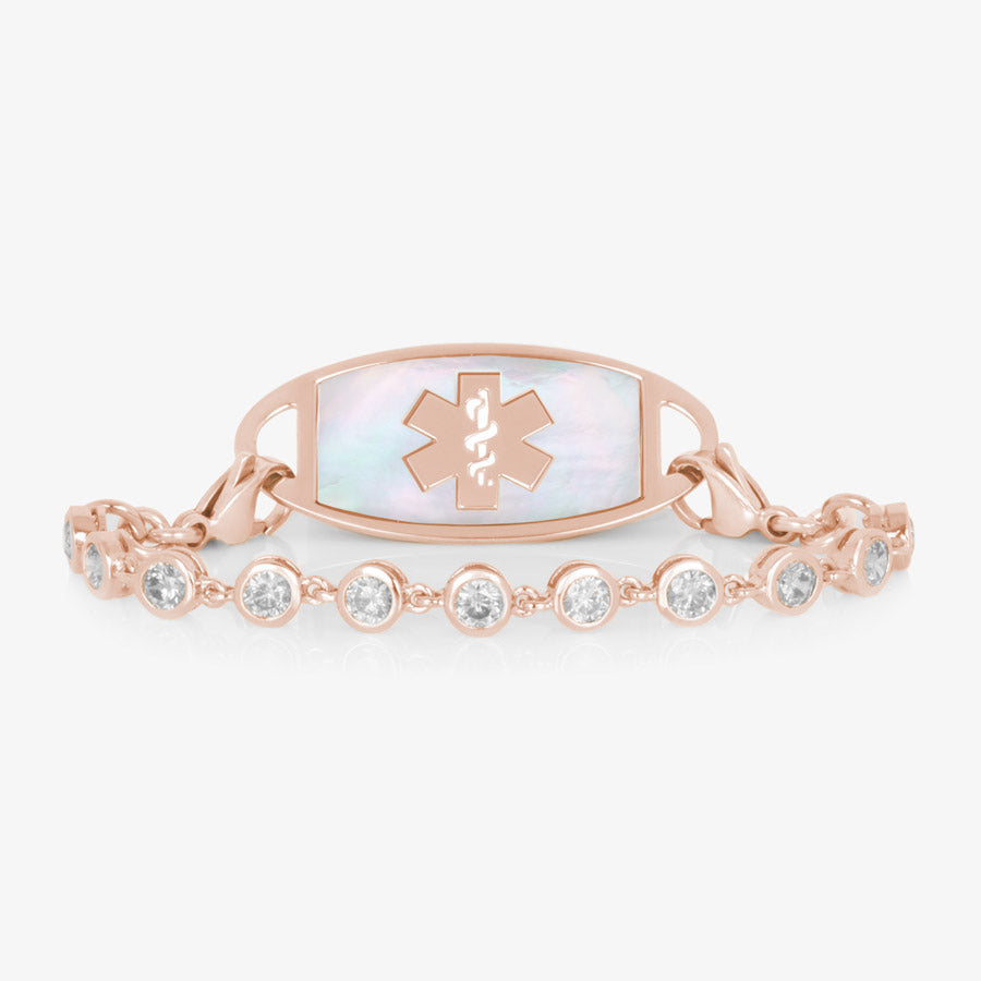 Ella Medical ID Bracelet in Rose Gold with round, bezel set, Cubic Zirconia Crystals paired with a Rose Gold Medical ID Tag with Rose Gold InLay.