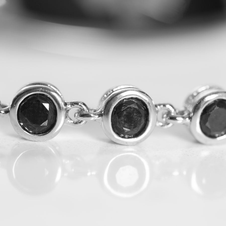 Detail of black crystals in silver bezel set