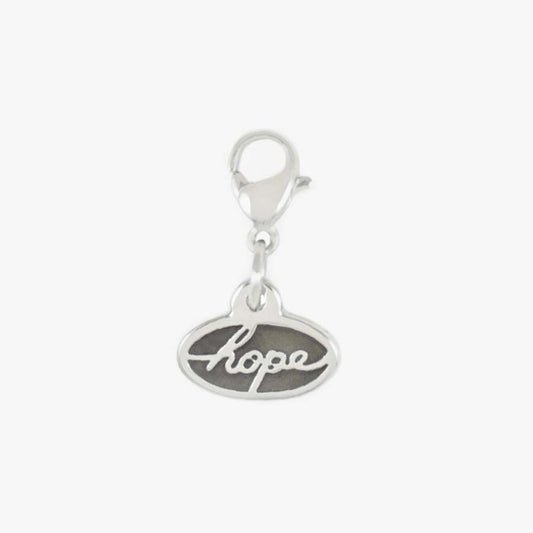 Stainless steel oval charm that says hope attaches with a lobster clasp to bracelets or necklaces.