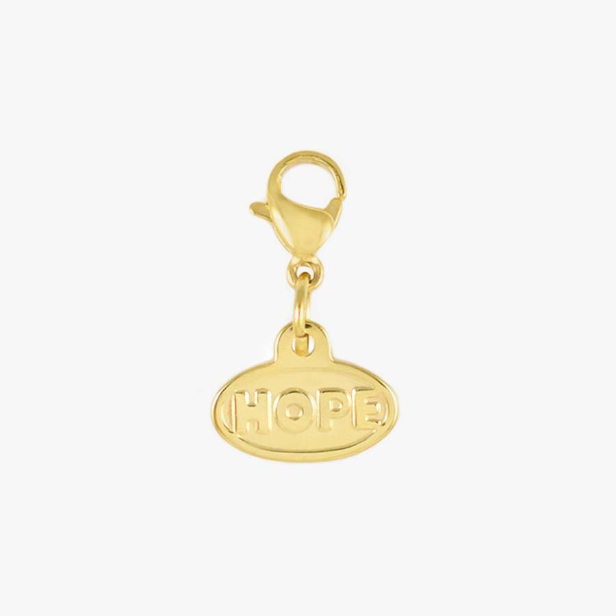 2-sided Gold Tone Hope Charm with the word “Hope” in block print on back. With lobster clasp to easily move to other bracelet