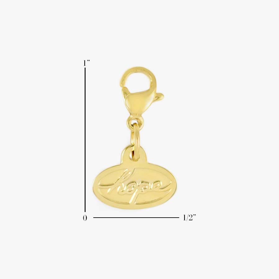 Scale shown of 2-sided Gold Tone Hope Charm. word “hope” on front and back. Lobster clasp to easily move to other bracelet