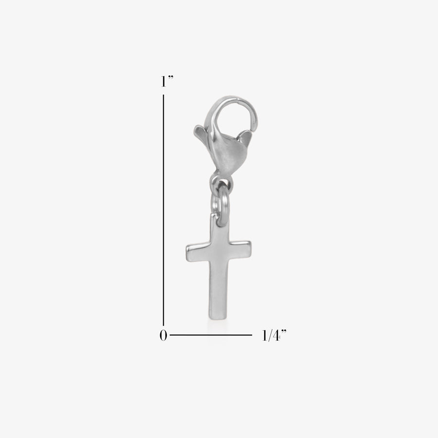 Scale of the 1-inch by 1/4 -inch Sterling Silver Cross Charm that is a cross on a lobster clasp, on white background