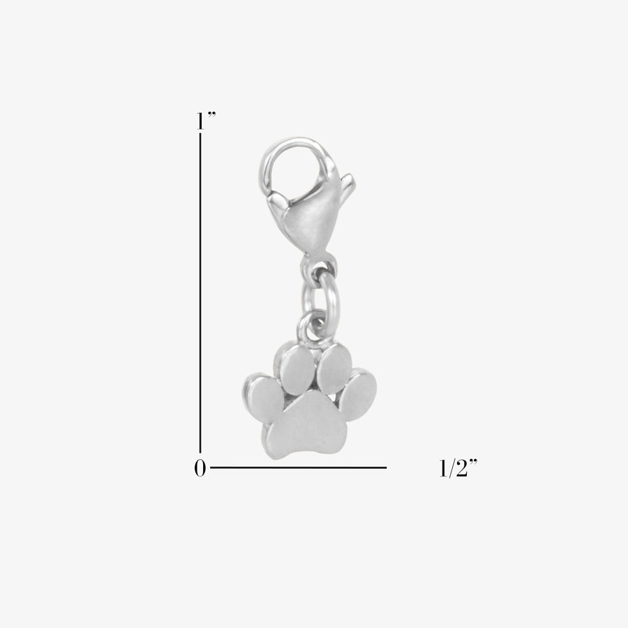 Scale of the 1-inch by 1/2-inch Sterling Silver Paw Charm, a 5-part dog paw print attached to a lobster clasp