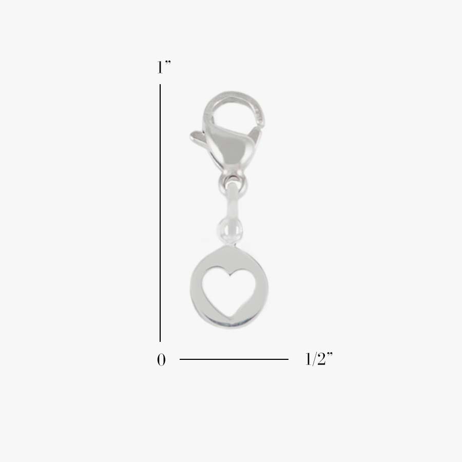 Scale of the 1-inch by 1/2-inch Sterling Silver Heart Cutout Charm, a heart cutout inside a small circle with a lobster clasp