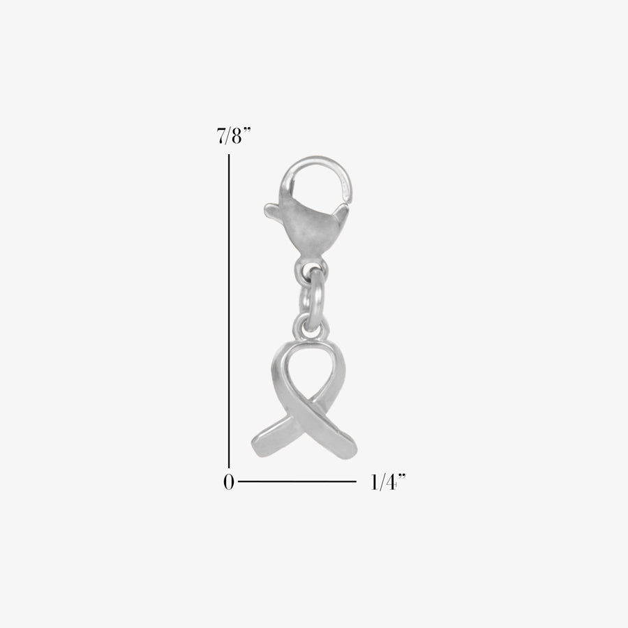 Scale of the 7/8-inch by 1/4 -inch Sterling Silver Awareness Charm that is shaped like an awareness ribbon with lobster clasp