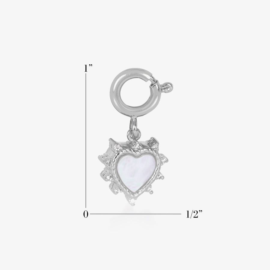 SIlver and Mother of Pearl charm, measuring 1 inch tall and 1/2 inch wide