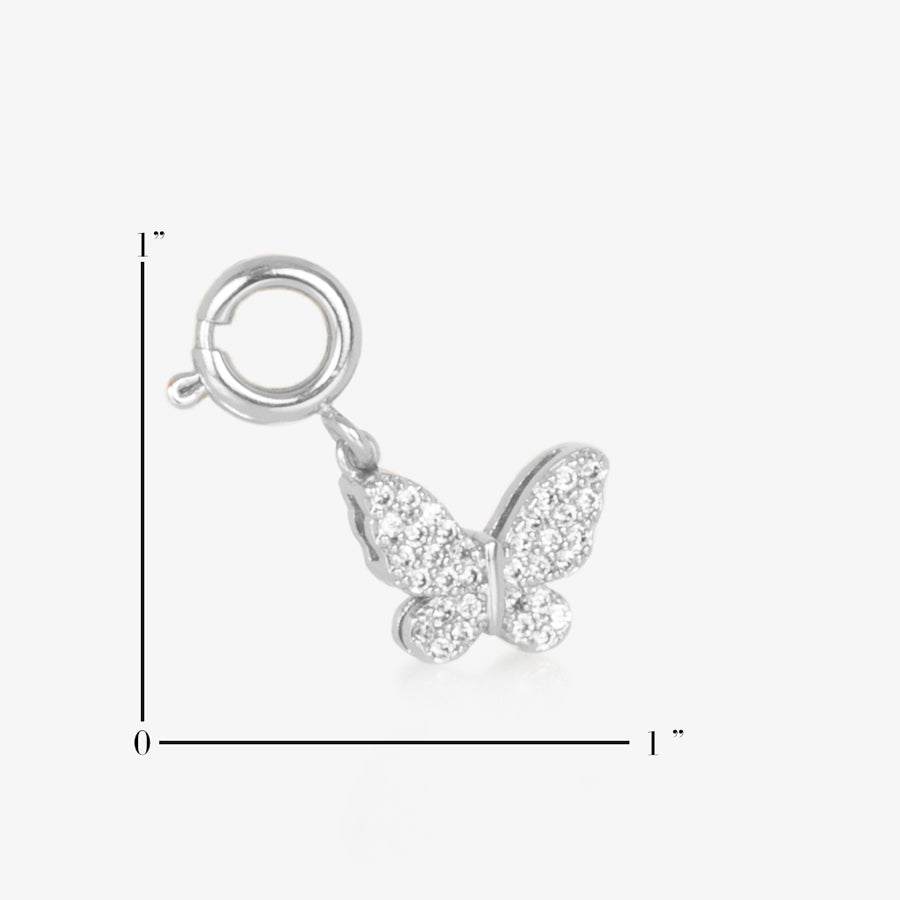 Butterfly charm in silver, measuring one inch tall and a hlaf in wide.