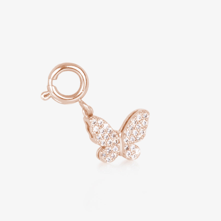 Butterfly shaped, rose gold charm, inlaid on front and back with crystals