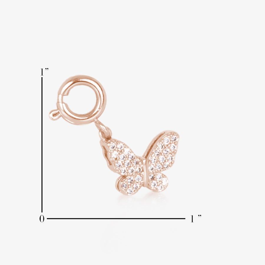 Rose Gold, butterfly shaped charm, measuring none inch wide by one inch tall