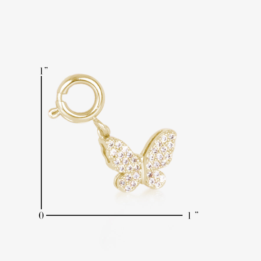 Gold and crystal butterfly charm, measuring one inch tall and one inch wide.