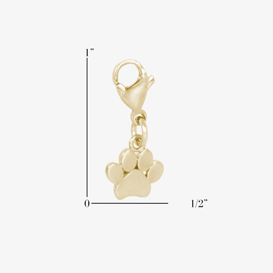 Gold Paw charm showing measurements of one inch by one quarter inch