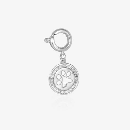 Attachable Charm featuring a cutout paw print encircled with clear, pave-set cubic zirconia crystals.