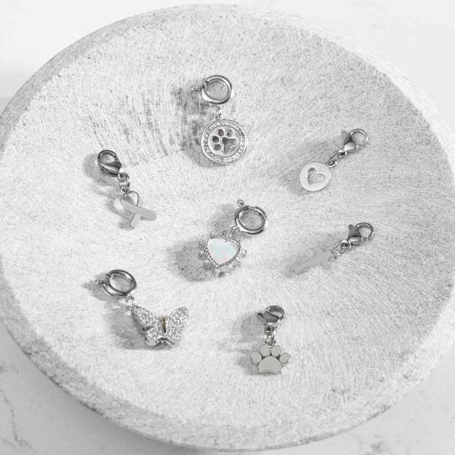 Many Silver Charms in a soap stone dish.