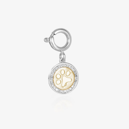 Attachable Charm featuring a cutout paw print encircled with clear, pave-set cubic zirconia crystals in Silver and Gold Tones.