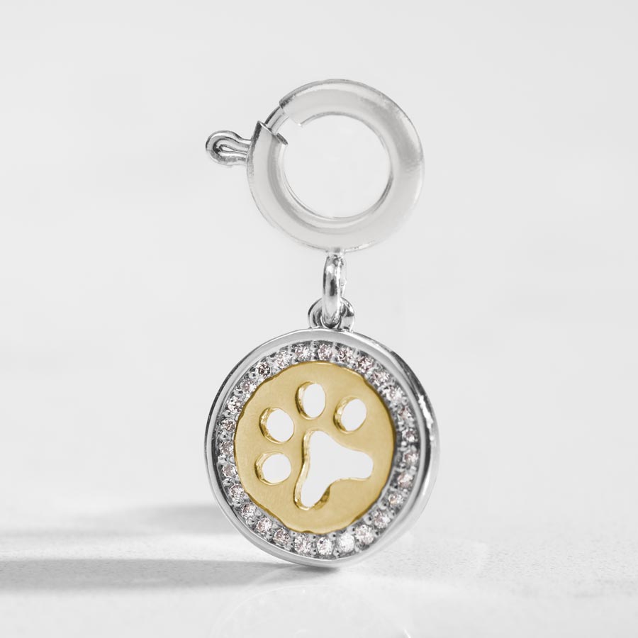 Detail shot of silver and Gold paw cut out charm