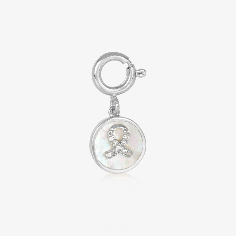 Silver tone round charm with mother of pearl inlay and silver awareness ribbon with inset crystals