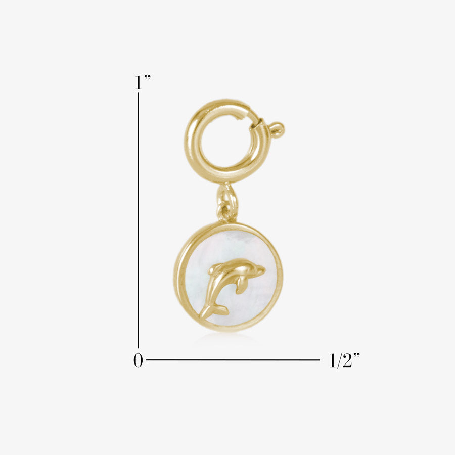 Cirlce shaped charm with dolphin measuring one inch tall and half an inch wide.