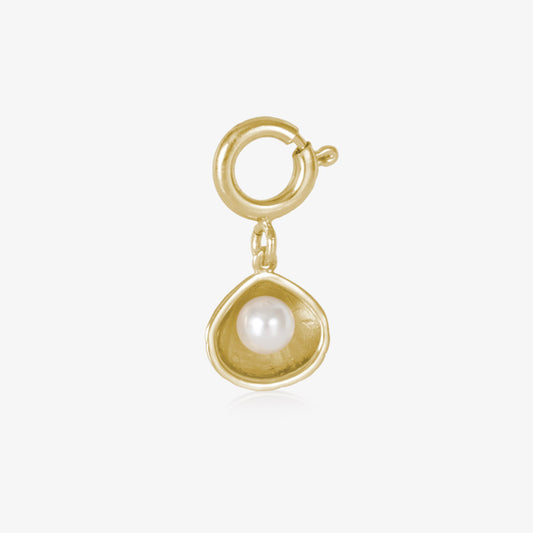 12k gold plated open oyster shell charm featuring a single, lustrous pearl.