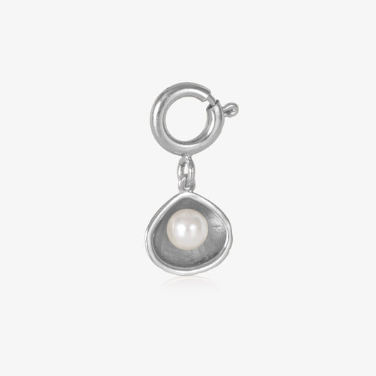 Sterling silver open oyster shell charm featuring a single, lustrous pearl