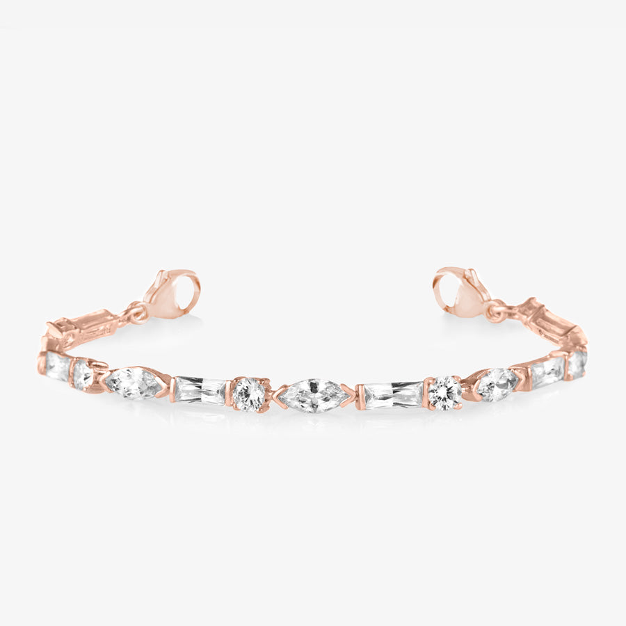 Rose gold tone medical ID bracelet with round, rectangle, and oval clear cubic zirconia crystals. 