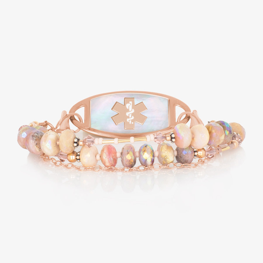 Peruvian opals, natural stones, sterling silver, rose gold accents paired with a mother of pearl and rose gold medical ID tag with a rose gold medical symbol.