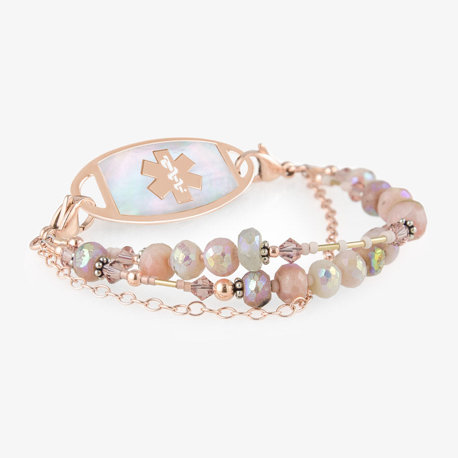 Peruvian opals, natural stones, sterling silver, rose gold accents paired with a mother of pearl and rose gold medical ID tag with a rose gold medical symbol.