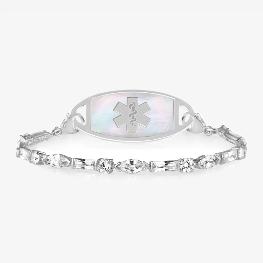 Cantata Medical ID Bracelet. Sterling silver with 3 shapes of cubic zirconia and silver-filled lobster clasp on each end. Pair with any LH interchangeable med ID tag