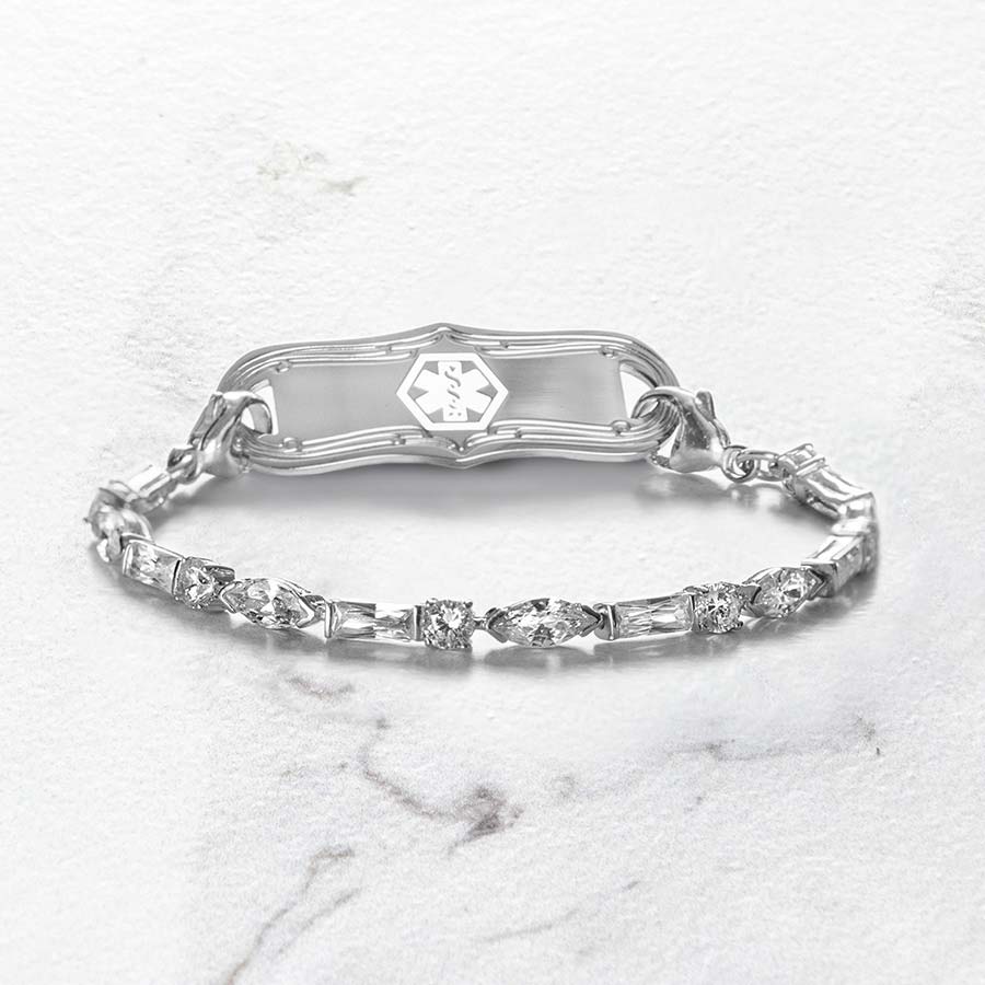 Cantata Medical ID Bracelet. Sterling silver with 3 shapes of cubic zirconia and silver-filled lobster clasp on each end. Pair with any LH interchangeable med ID tag