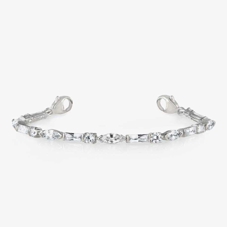 Sterling silver Cantata Medical ID Bracelet. 3 shapes cubic zirconia, silver-filled lobster clasps. Tag with white caduceus